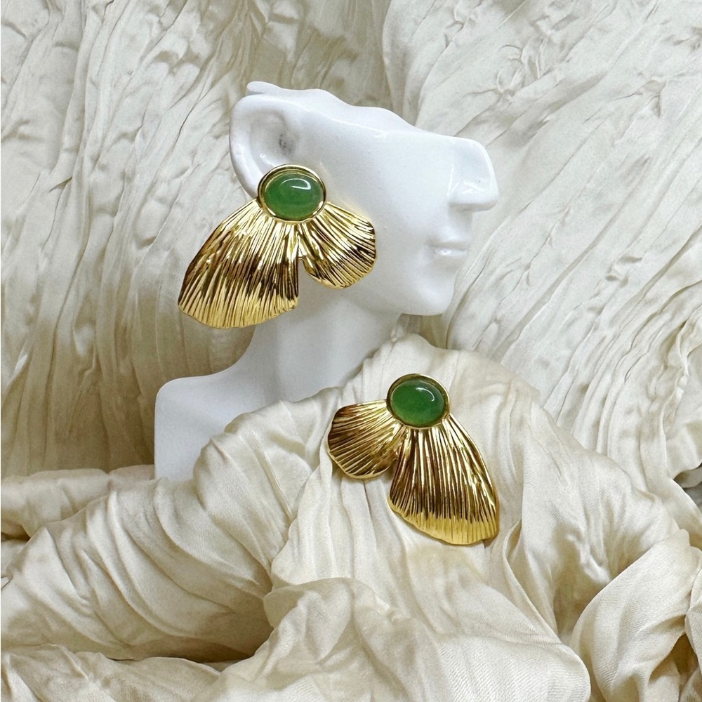 Green Natural Stone Stainless Steel Butterfly Wing Stud Earrings